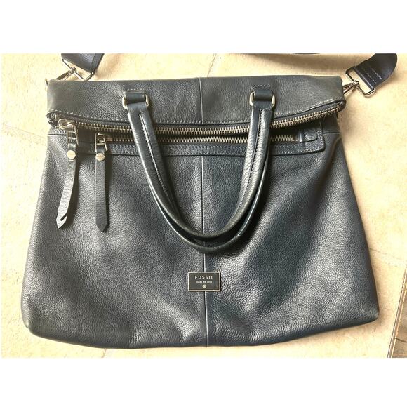 Vintage Fossil Foldover Dawson Tote Crossbody Bag Blue Leather - Picture 10 of 10